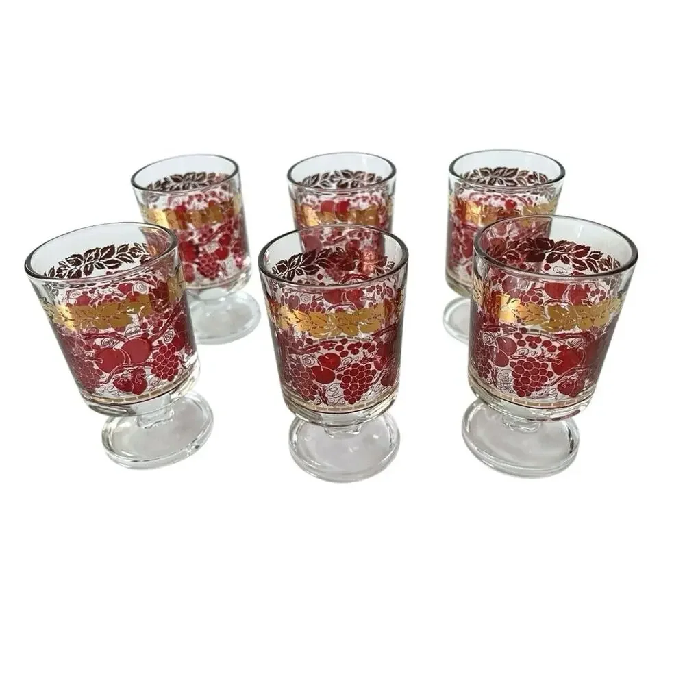 Vintage Red & Fold Motif Footed Glasses Set of 6 Retro Mid Century Barware Drink